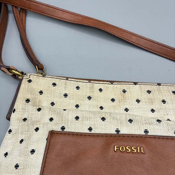 Fossil Fiona Polka Dot Canvas Crossbody Shoulder Purse Bag Cow Hide - Picture 2 of 12